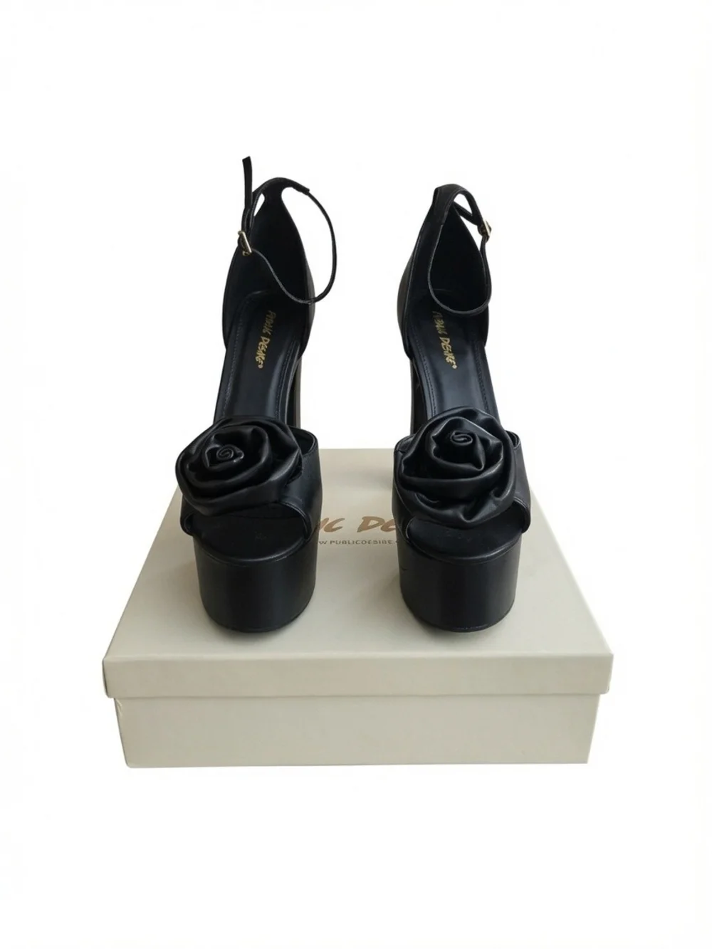 Black Platform Rose-Accent Ankle Strap Heels - Women